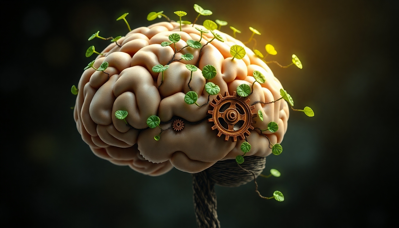 A brain with vines and gears representing growth mindset