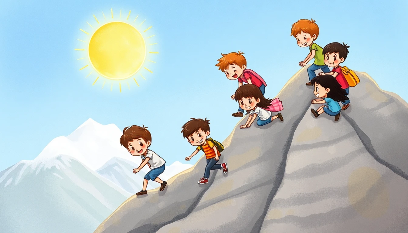Children climbing a mountain together