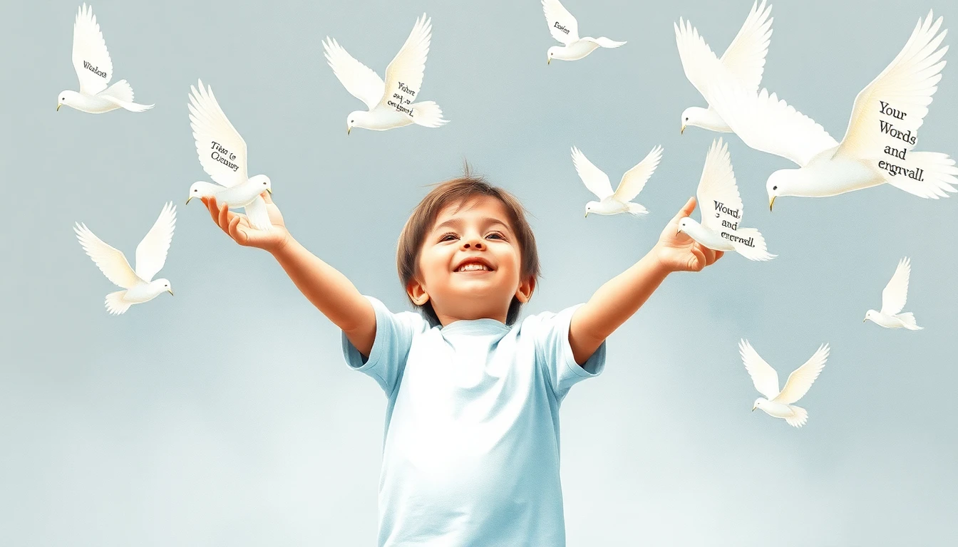 Child releasing paper birds with quotes