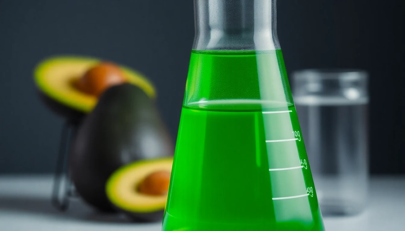 A close-up, lab-style photograph of a beaker filled with a vibrant green liquid, with an avocado pit visible in the background, illuminated by soft, diffused light.