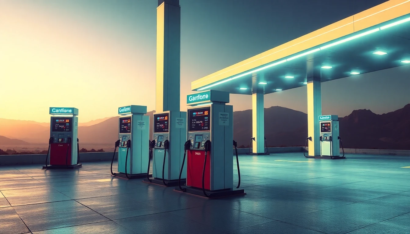 A futuristic gas station with pumps labeled 