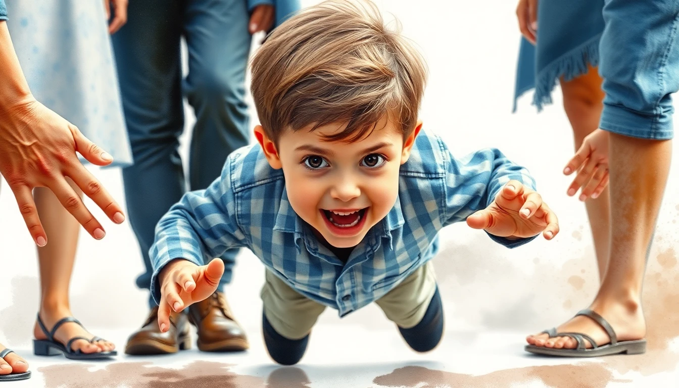 Boy catching himself after stumbling