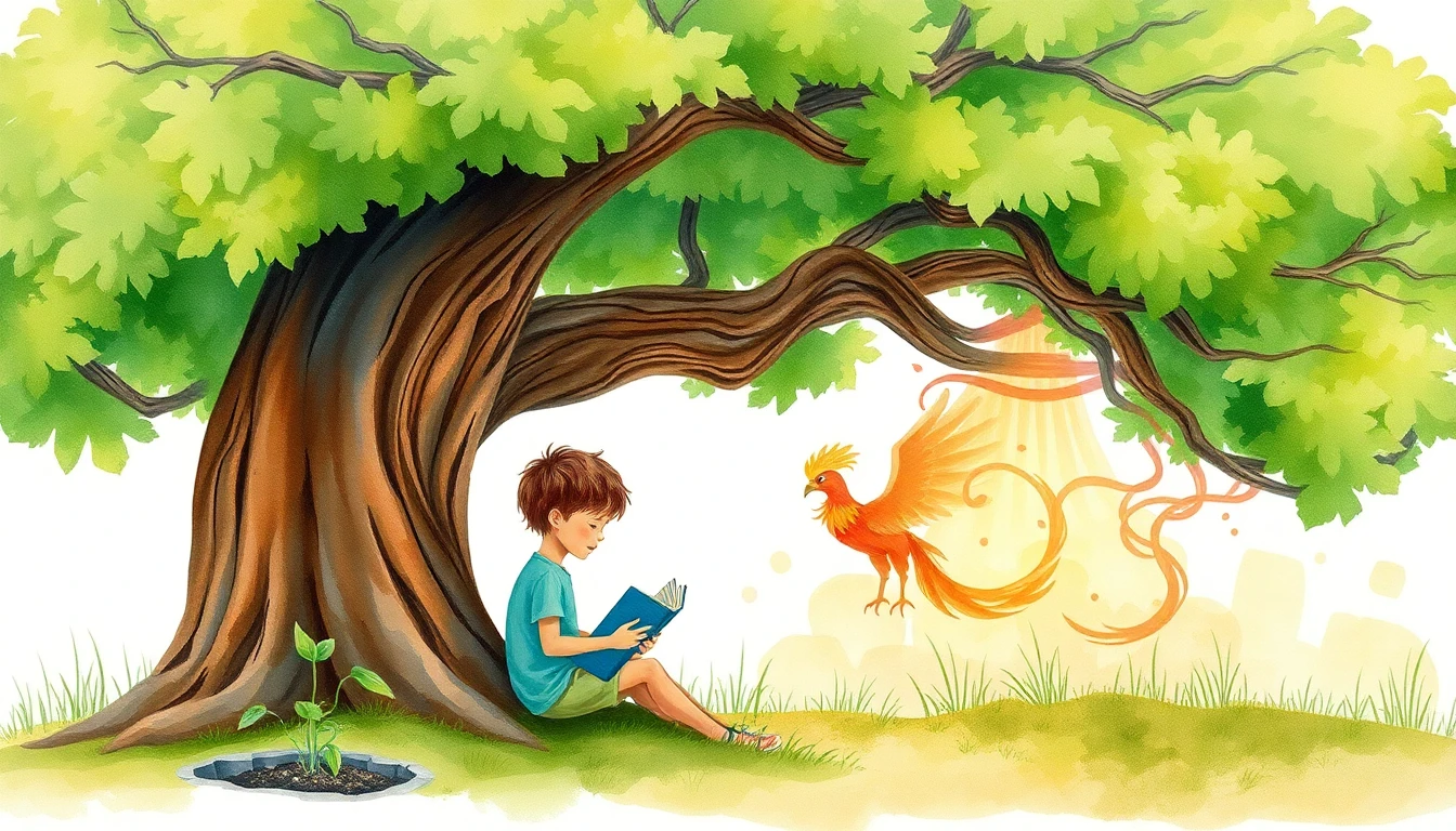 Child reading under a tree