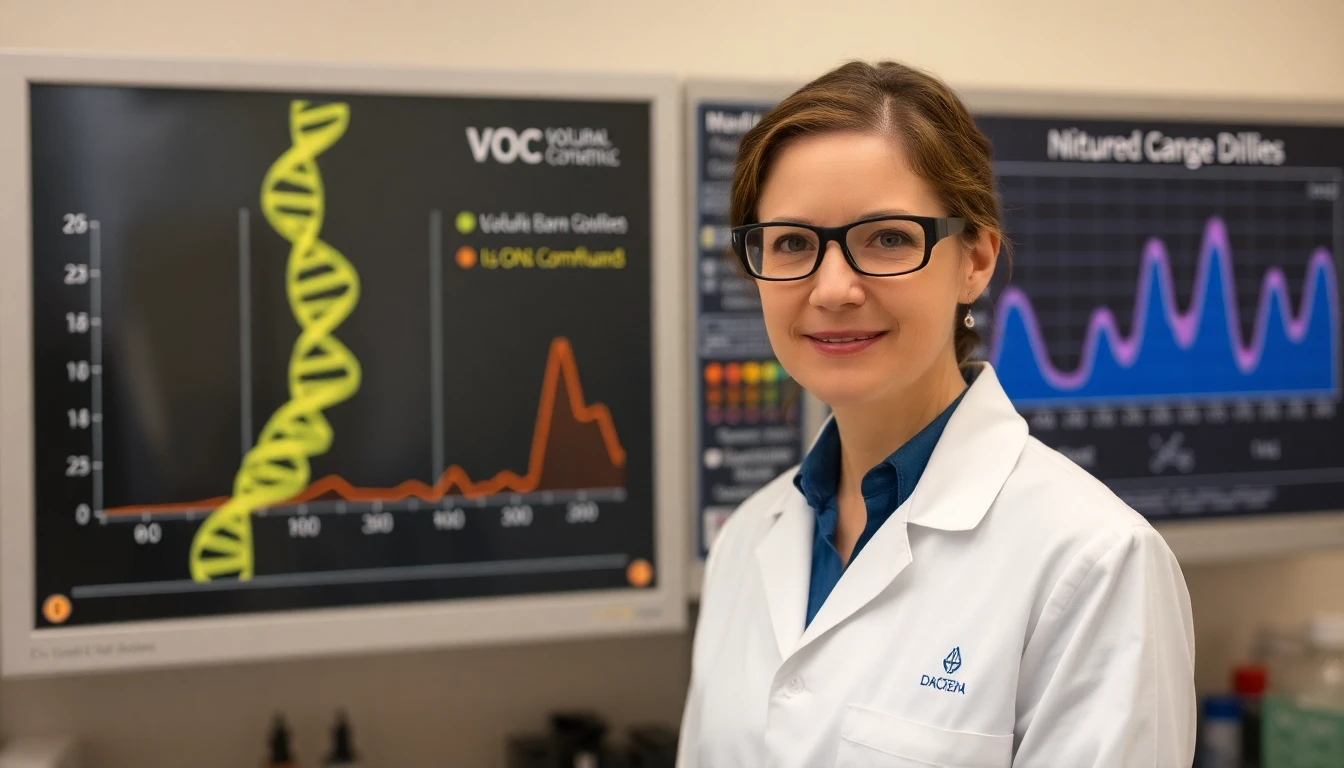 Medium shot of Dr. Emily Carter, a female botanist in her late 30s, wearing a lab coat and safety glasses, standing in front of a panel displaying a DNA helix and a graph showing the volatile organic compound (VOC) analysis of the