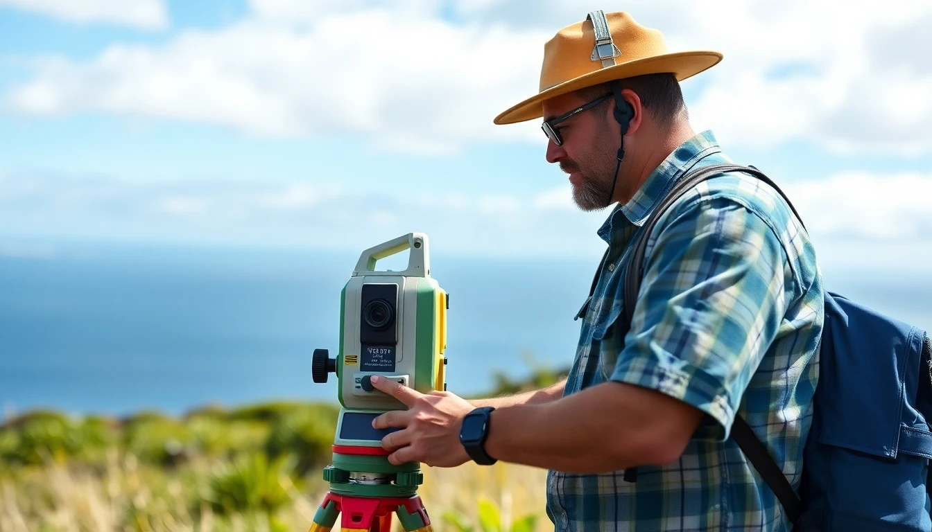 Professional land surveyor using GPS equipment in Hawaii