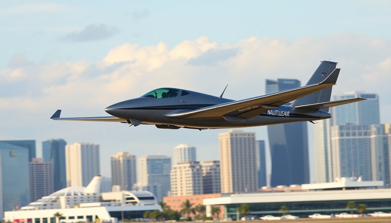 A Nautilus Air aircraft taking off from San Diego International Airport (SAN) against the backdrop of the downtown San Diego skyline. The image showcases the aircraft's design and the urban setting of the test flights.
