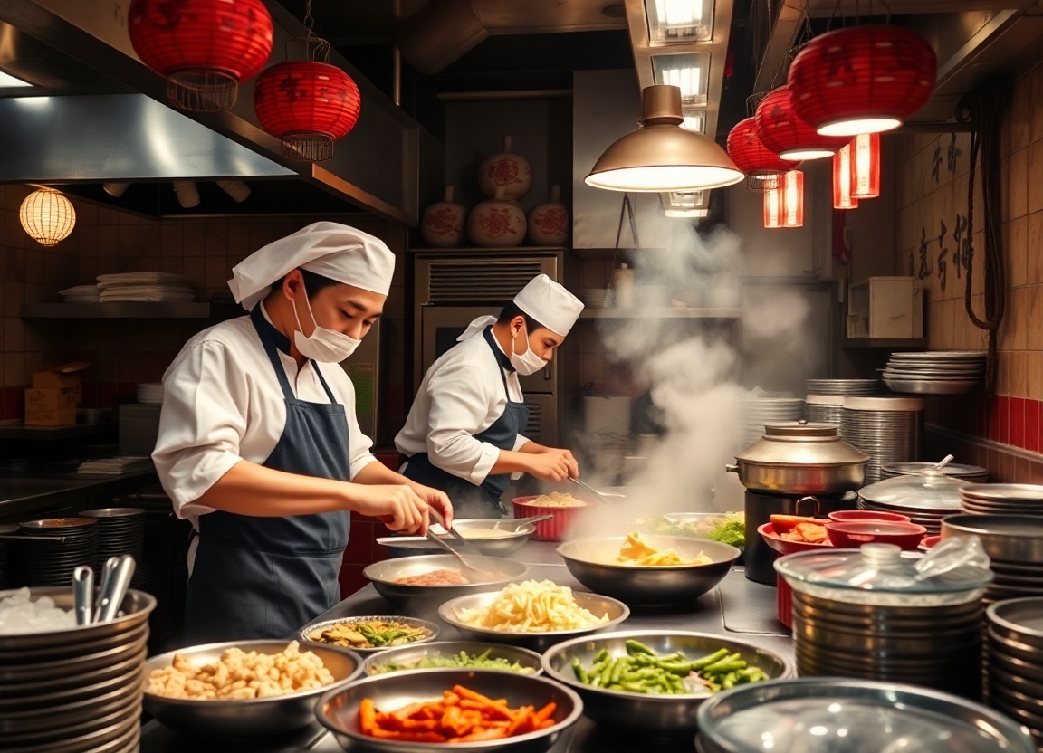 A bustling kitchen scene in a Chinese restaurant, with chefs preparing various dishes. The photo captures the energy and authenticity of the cooking process.