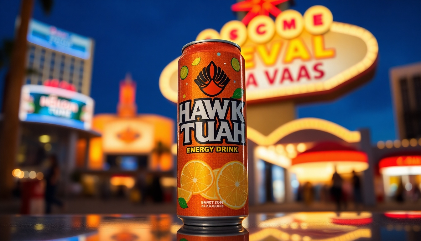 A can of Hawk Tuah Energy Drink prominently displayed against a vibrant Las Vegas backdrop, highlighting the drink's bold packaging and citrus-themed design.