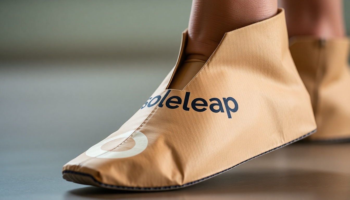 A close-up shot of a SoleLeap disposable cardboard shoe, showcasing its unique fold-and-seal construction and natural cardboard texture. The focus is on the innovative design and the company logo.