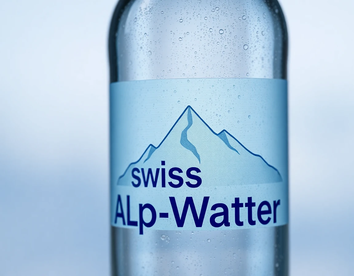 A close-up shot of a clear glass bottle of Swiss AlpWater, with condensation droplets on the outside. The label features a minimalist design with the Swiss Alps subtly depicted in the background.