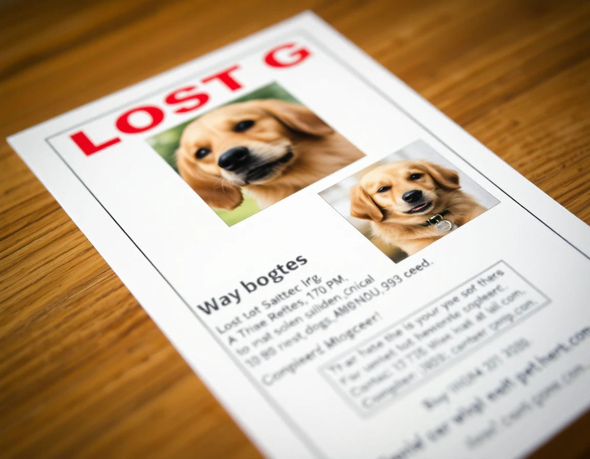 A close-up shot of a completed 'Lost Dog' flyer generated using the online tool, featuring a clear photo of a golden retriever and contact information.