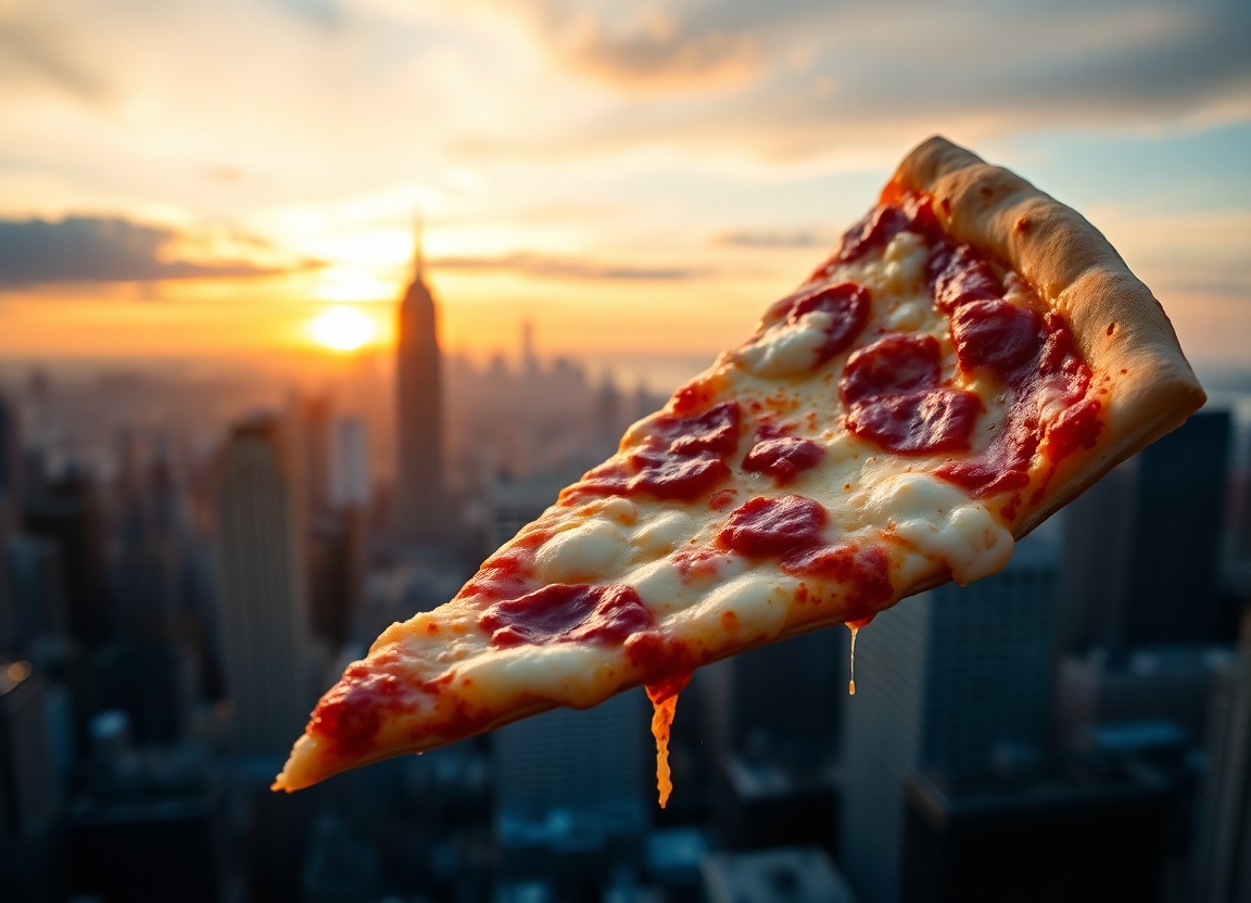 A close-up shot of a greasy, cheesy pizza slice being held up against the backdrop of the New York City skyline at sunset.