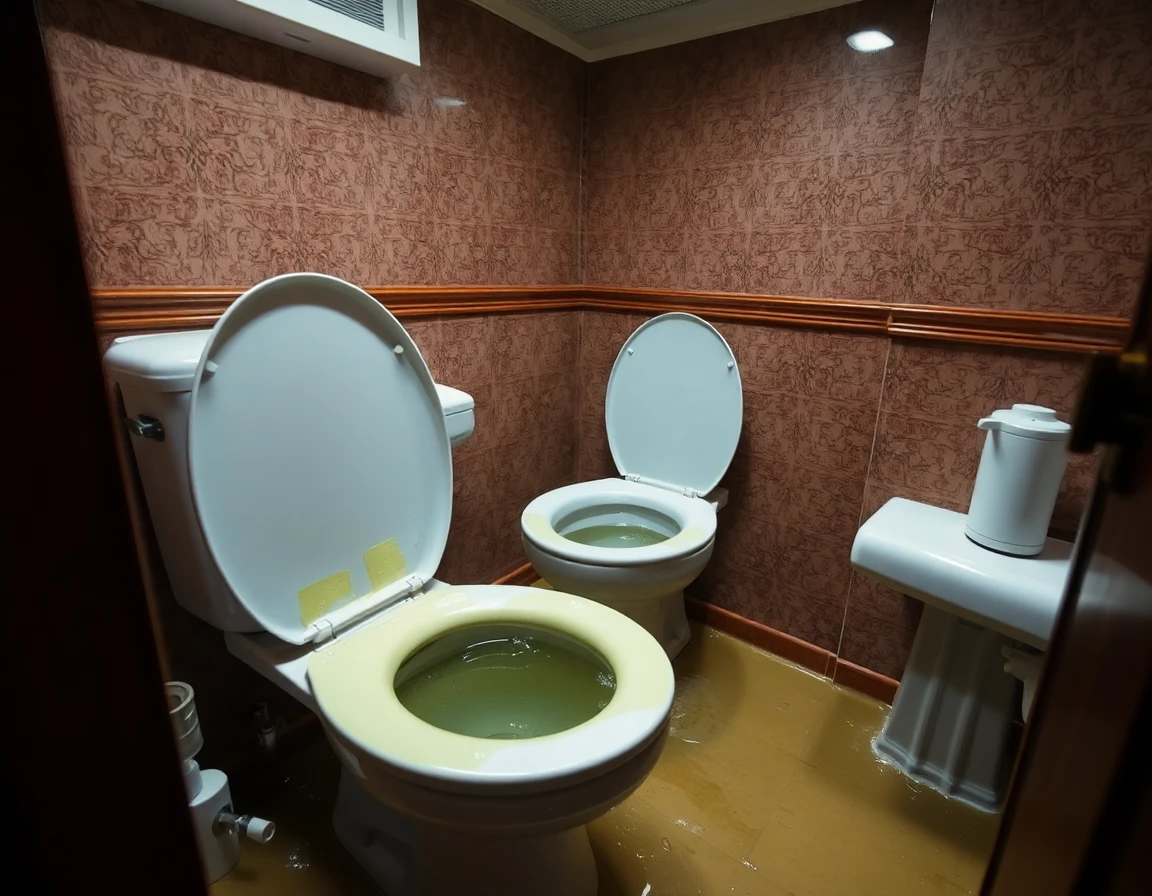 A close-up shot of overflowing toilets in a cabin on the Carnival Triumph. The scene is unsanitary and depicts the difficult conditions faced by passengers.