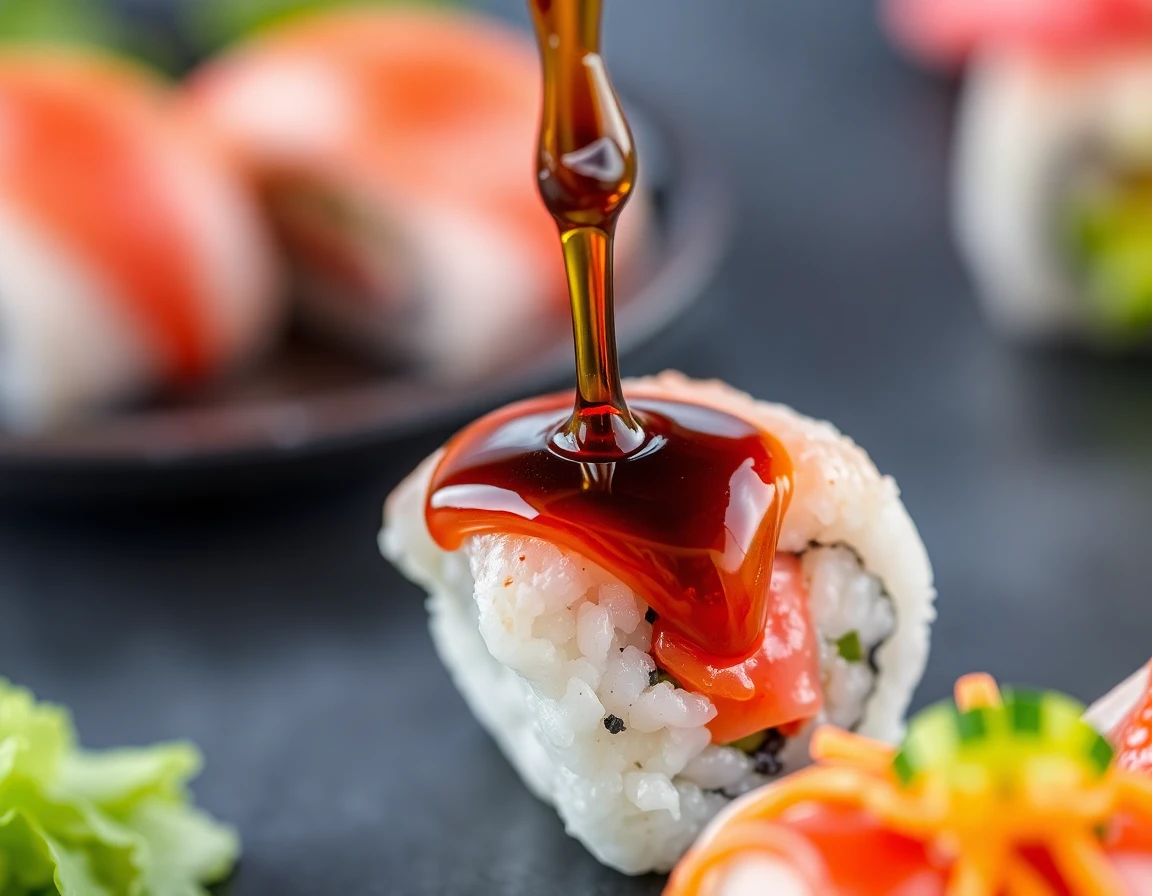 A close-up shot of soy sauce being poured onto a piece of sushi. The focus is on the glistening sauce and the fresh ingredients of the sushi.