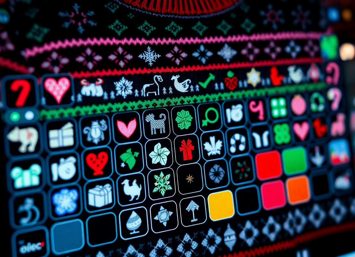 A close-up shot of the Ugly Christmas Sweater Generator interface, highlighting the wide range of available icons, patterns, and color palettes for customizing the sweaters.