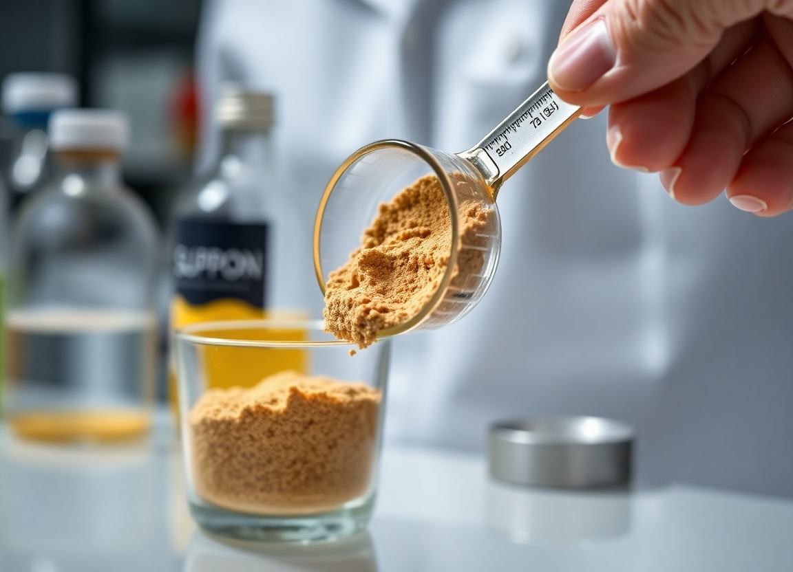 A close-up shot showcasing the powdered Suppon turtle extract being carefully measured in a laboratory setting, highlighting the drink's key ingredient and the scientific process behind its creation.