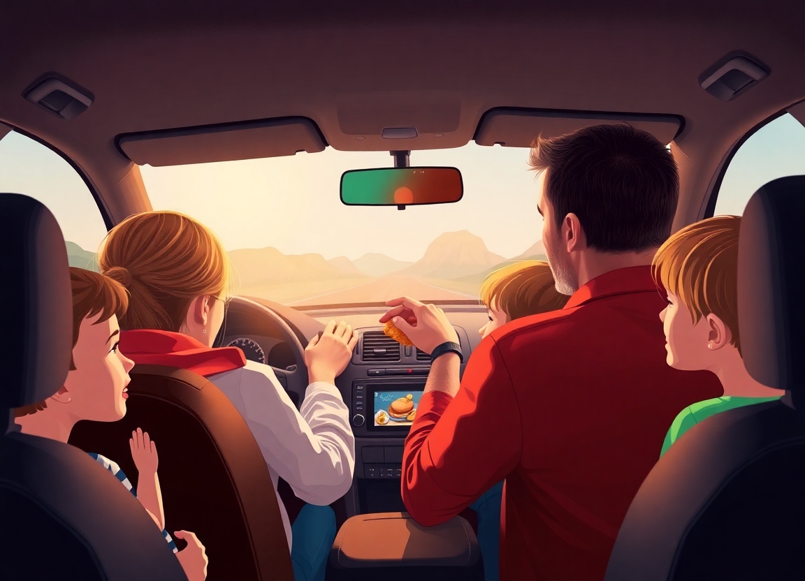 A conceptual illustration of a family on a road trip, with the father conveniently using the dashboard microwave to warm up a quick snack for the children in the backseat.