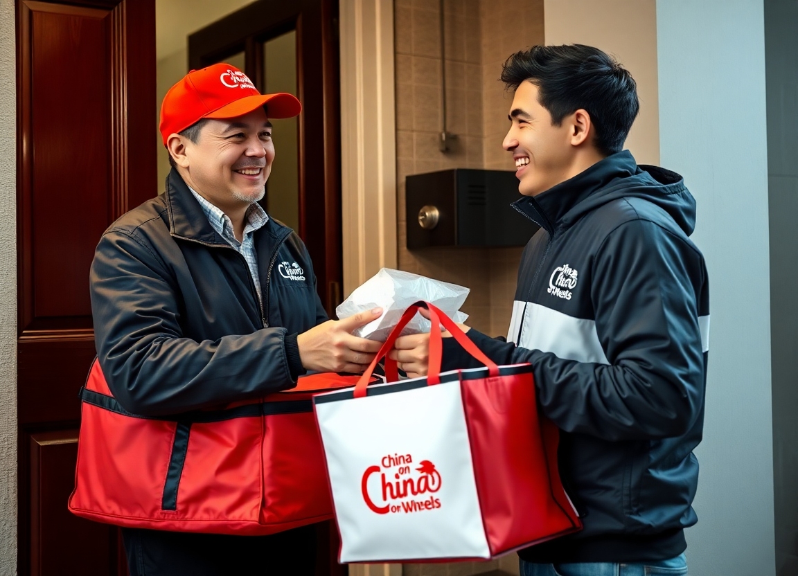 A delivery driver wearing a China-On-Wheels branded jacket and carrying a thermal bag, handing a food order to a customer at their doorstep. The customer is smiling and appears pleased.
