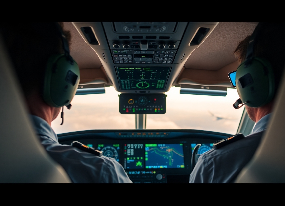 A detailed cockpit view from a Nautilus Air test flight showing pilots monitoring flight data on advanced displays. The image highlights the technological aspect of the test flights and the data-driven approach of Nautilus Air.