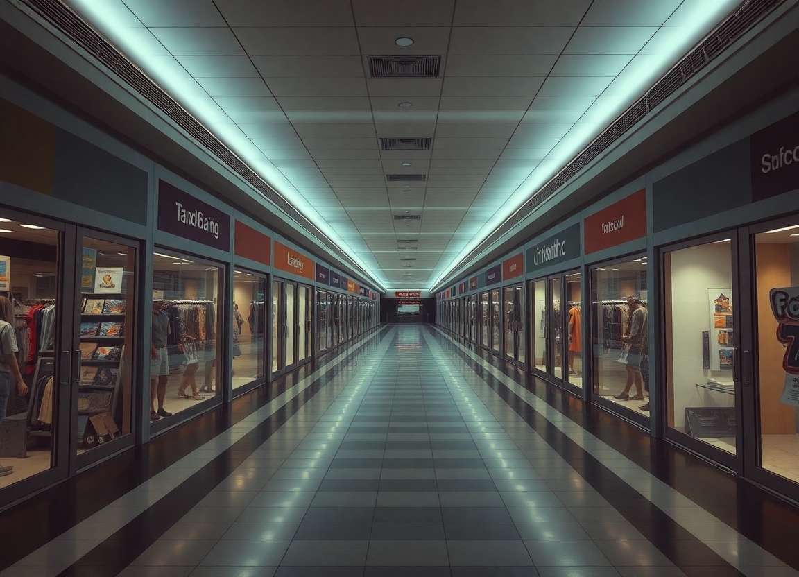 A digital illustration depicts a seemingly endless mall corridor, the stores on either side repeating in a disorienting pattern. The lighting is dim and unsettling.