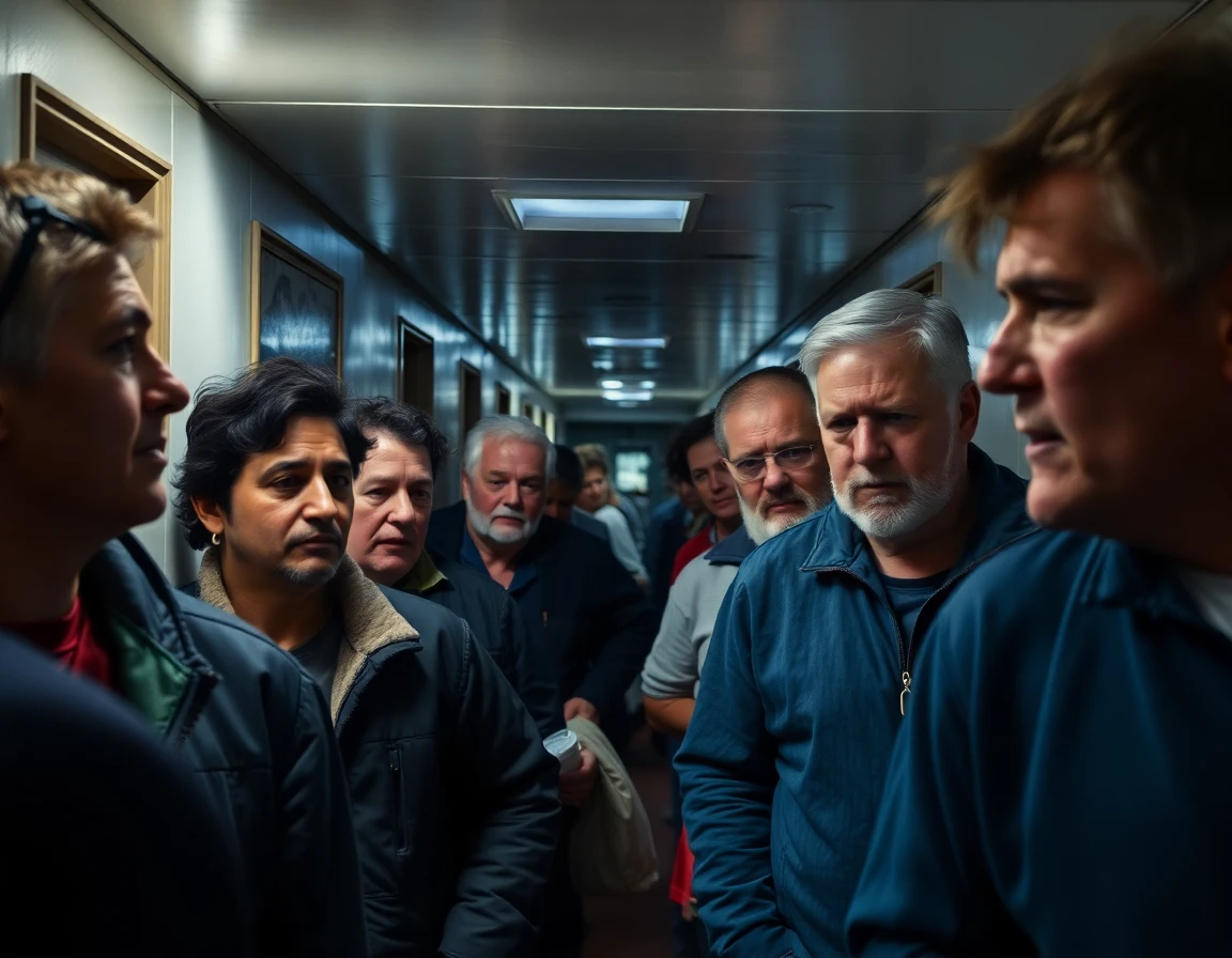 A dimly lit hallway on the Carnival Triumph, with passengers queueing for food rations. The expressions on their faces show exhaustion and frustration.