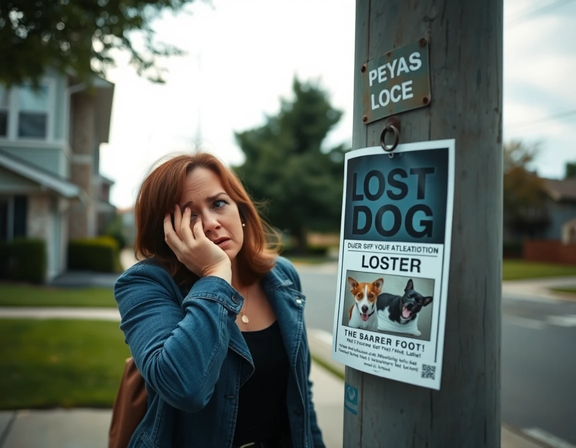 A distraught woman posts a 'Lost Dog' flyer on a telephone pole in a residential neighborhood, highlighting the real-world application of the tool.