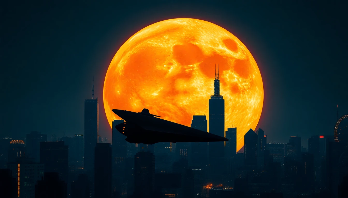 A futuristic city skyline at night, with a spacecraft silhouetted against a vibrant, alien-looking moon. This image captures the film's futuristic setting and hints at the alien presence.