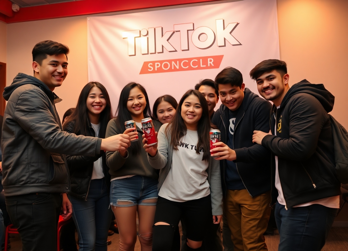 A group of young adults participating in an interactive TikTok challenge sponsored by Hawk Tuah Energy Drink, demonstrating the social media-driven campaign.