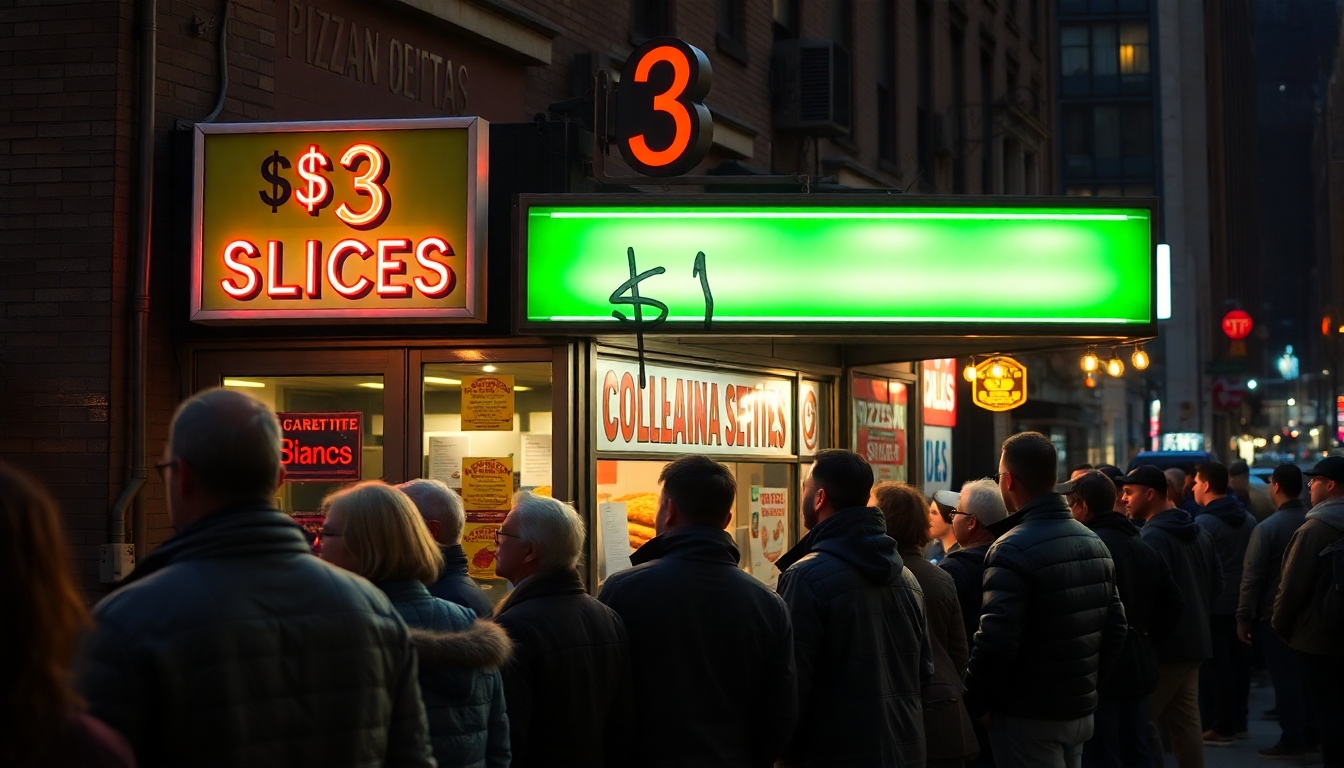A long line of people waiting outside a New York City pizzeria, hoping to get a dollar slice. The pizzeria's sign advertises '$3 Slices' with a crossed-out '$1' scribbled above.