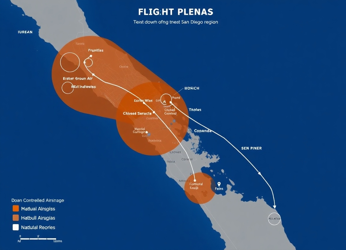 A map showing the planned flight path of the Nautilus Air test flights over the greater San Diego region, highlighting the urban, coastal, and controlled airspace involved.