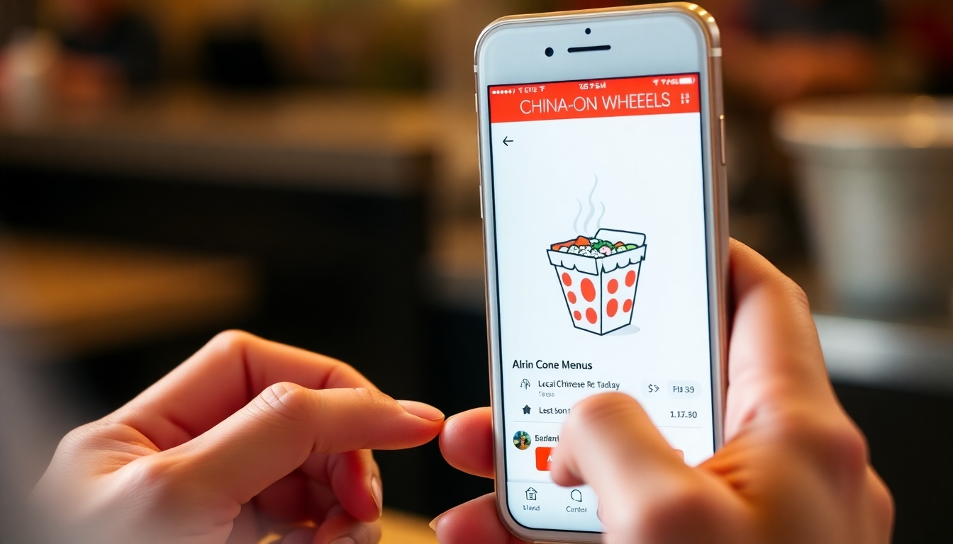 A person using the China-On-Wheels app on their smartphone, showcasing the menu of a local Chinese restaurant. Steam rises from the cartoon image of a takeout container on the screen.