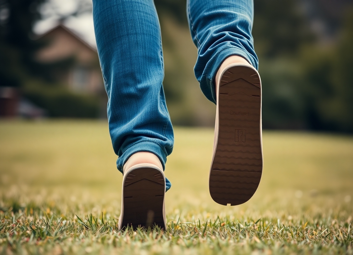 A person wearing a pair of SoleLeap disposable cardboard shoes while walking on a grassy lawn, highlighting the shoes' comfort and practicality in an outdoor setting. The background should be blurred to emphasize the subject.