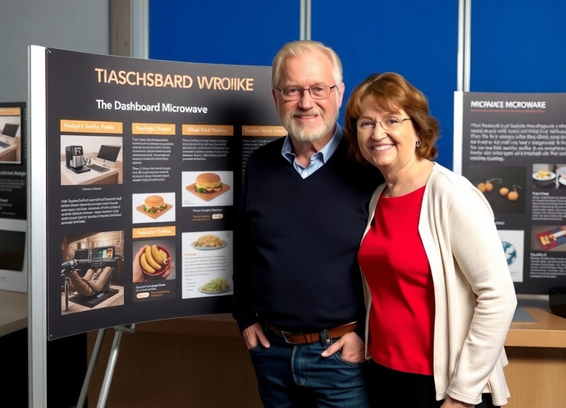A photo of Daniel Perlman and Jane Katims, the inventors of the dashboard microwave, standing proudly next to a display board showcasing their invention.