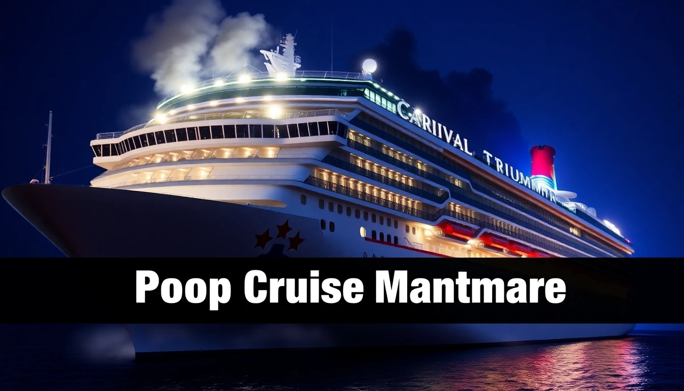 A photo of the Carnival Triumph cruise ship listing slightly to one side, smoke billowing from a lower deck. The headline 'Poop Cruise Nightmare' is superimposed on the image.