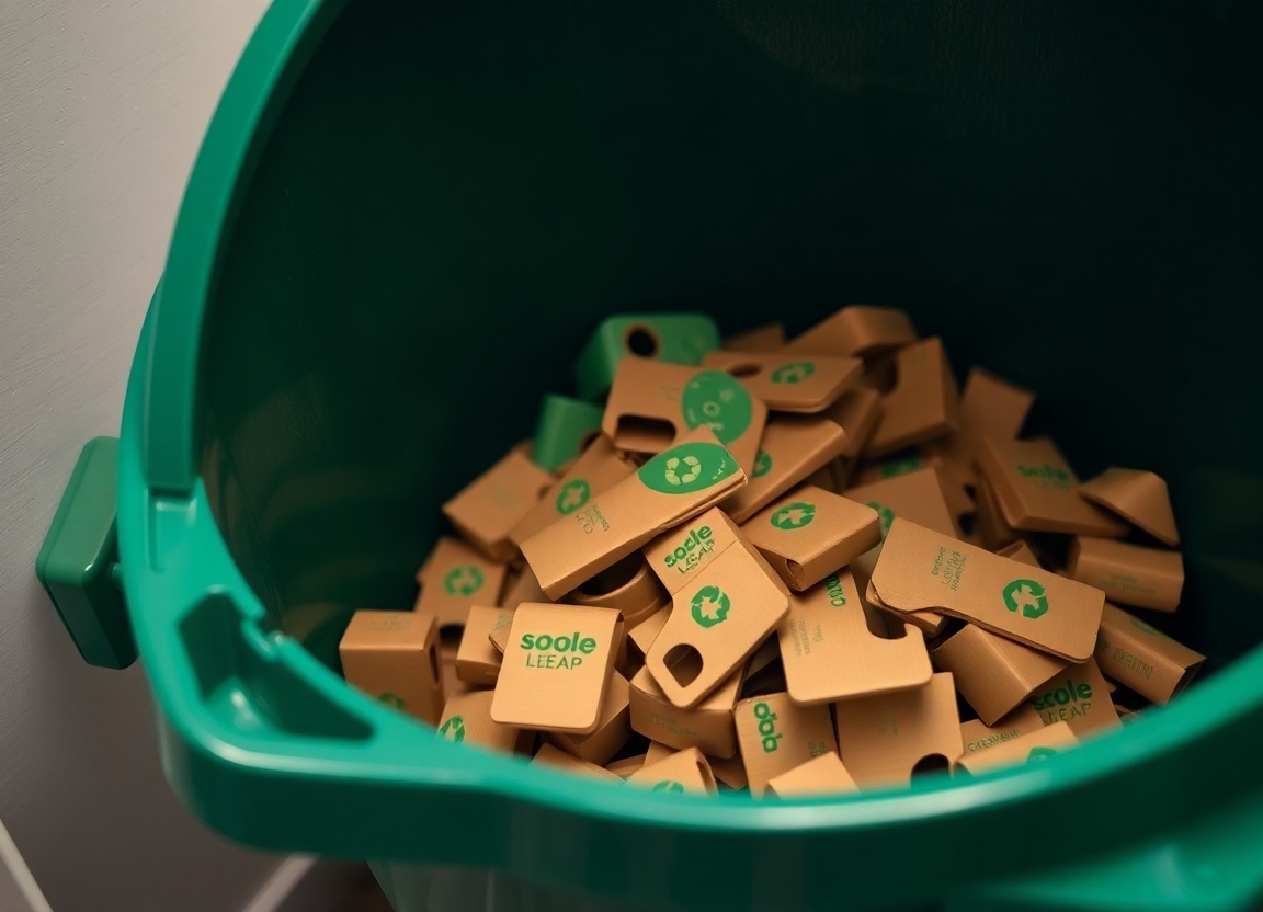 A pile of used SoleLeap disposable cardboard shoes being placed into a recycling bin, illustrating the ease and environmental benefit of recycling the shoes after use. The recycling symbol should be clearly visible.