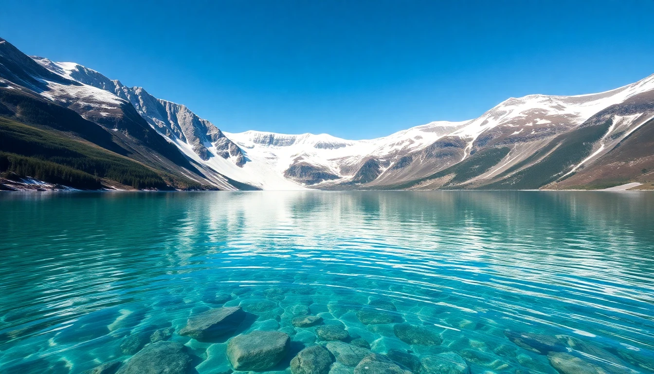 A pristine, glacier-fed alpine lake in the Swiss Alps, showcasing the natural source of Swiss AlpWater. Clear blue water reflects the surrounding snow-capped peaks, emphasizing purity and freshness.