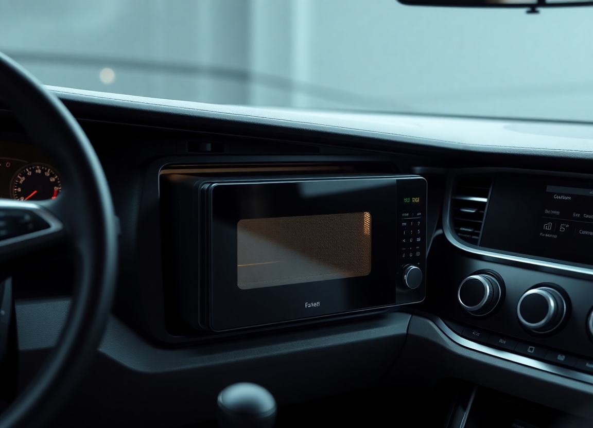 A prototype design rendering of the dashboard microwave, showing the unit installed within a car's dashboard, seamlessly replacing the traditional glove compartment.