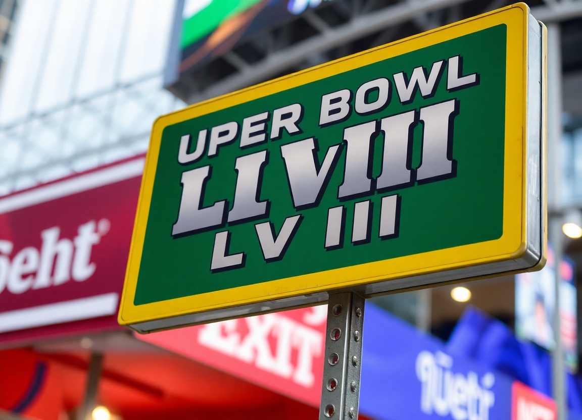 A sign promoting Super Bowl LVIII, indicating the cultural significance of the event in American society.