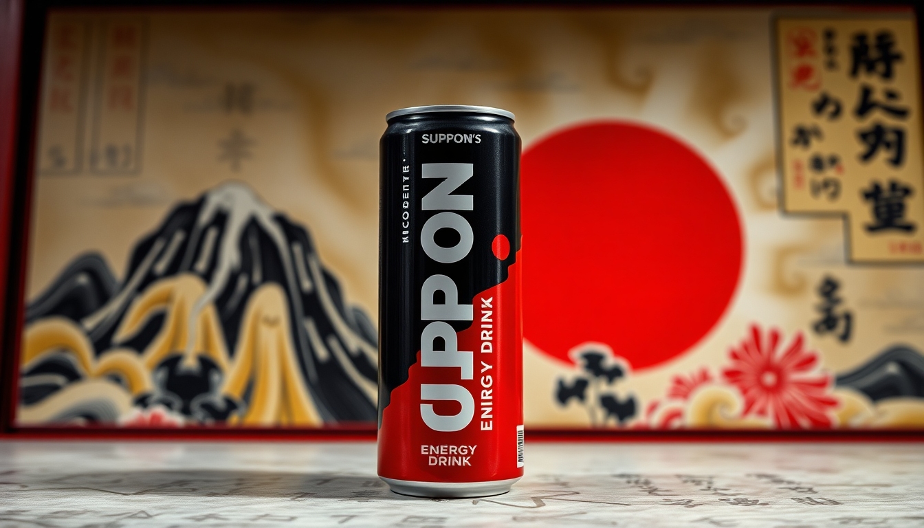 A sleekly designed can of SUPPON ENERGY DRINK is prominently displayed against a backdrop of traditional Japanese artwork. The can features modern typography and a minimalist design.