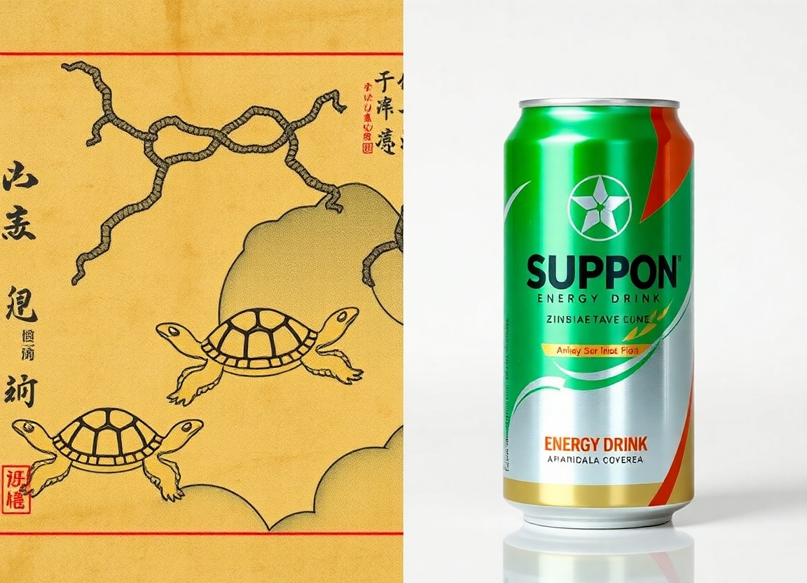 A split image comparing an ancient Chinese illustration of Suppon turtles with a modern can of SUPPON ENERGY DRINK, illustrating the blend of tradition and innovation.