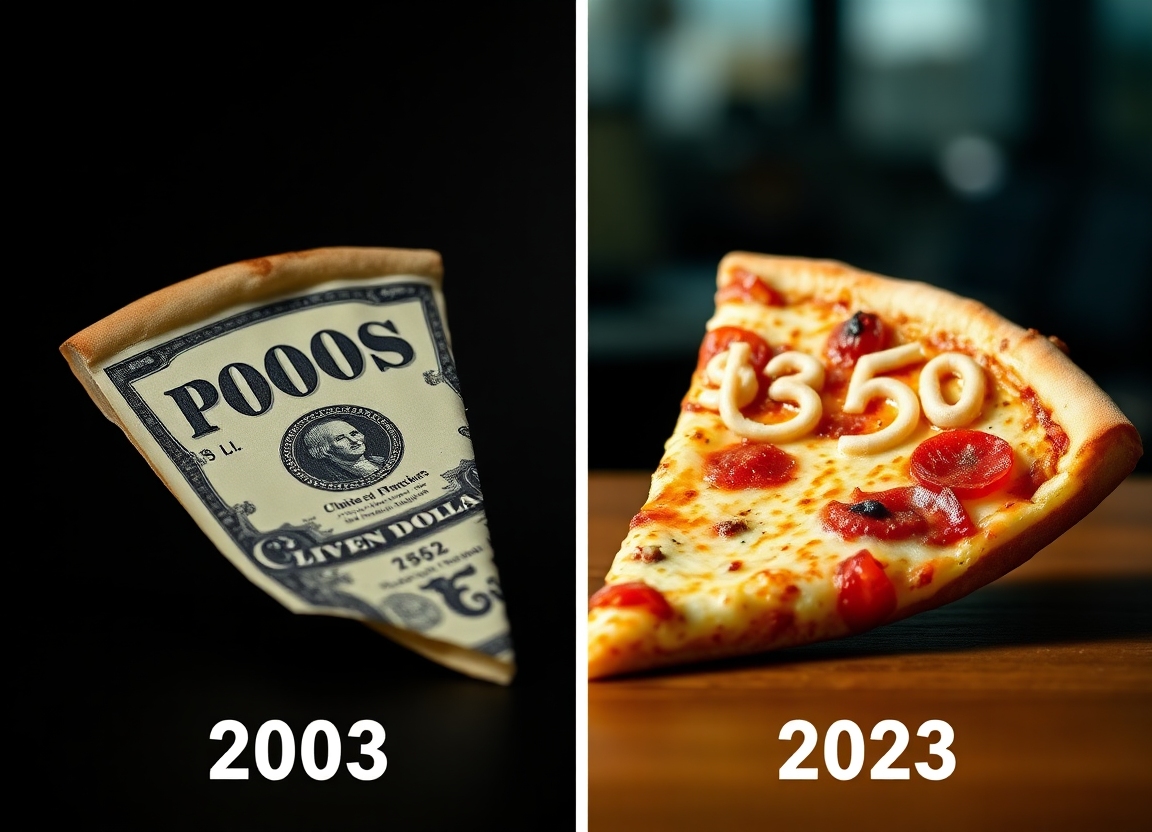 A split image showing a dollar slice from 2003 versus a slice that costs $3.50 from the same pizzeria in 2023, illustrating the dramatic price increase.