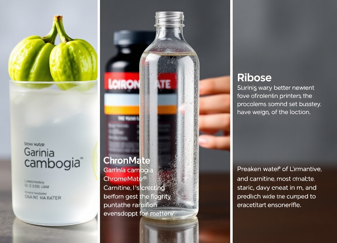 A split-screen image showing the key ingredients of Skinny Water™: Garcinia cambogia, ChromeMate®, L-Carnitine, and Ribose. Each ingredient is accompanied by a brief description of its claimed benefits.