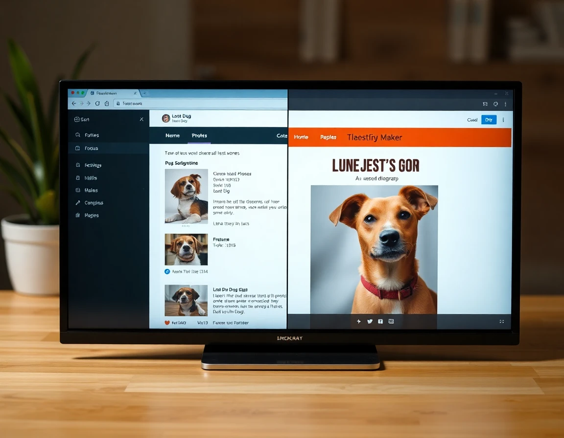 A split screen showing the user-friendly interface of the Lost Dog Flyer Maker, demonstrating how easily users can upload photos and input information.