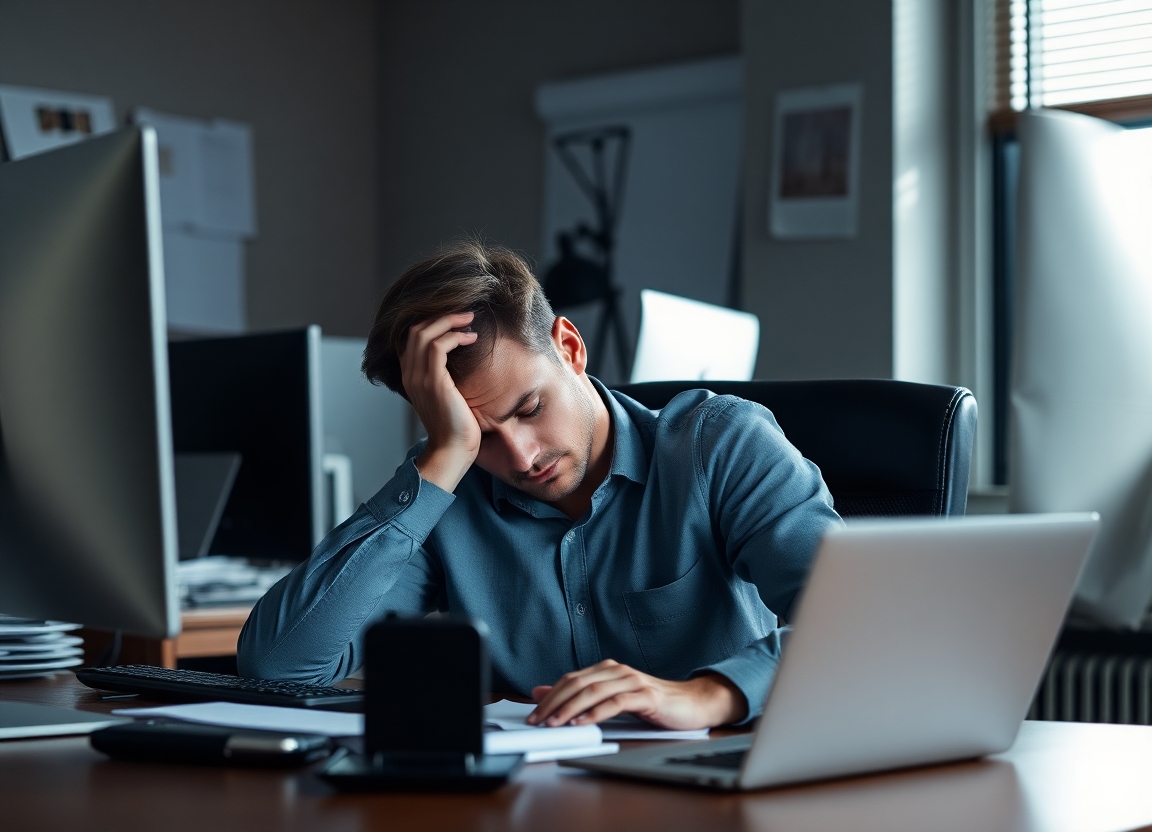 A tired individual sits at their desk on the Monday after the Super Bowl, highlighting the potential productivity slump addressed by the proposed bill.