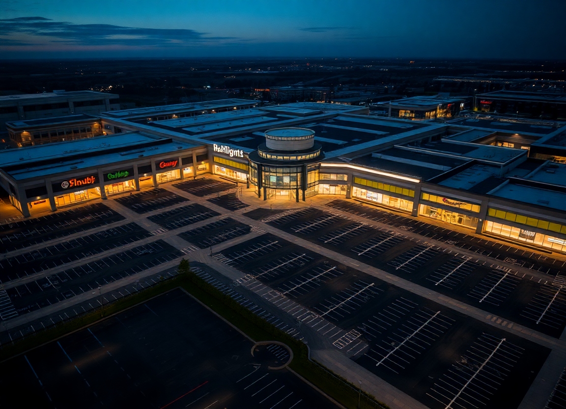 An aerial view of a large, modern shopping mall at dusk. The parking lot is mostly empty, and the stores are brightly lit, creating a stark contrast with the surrounding darkness.
