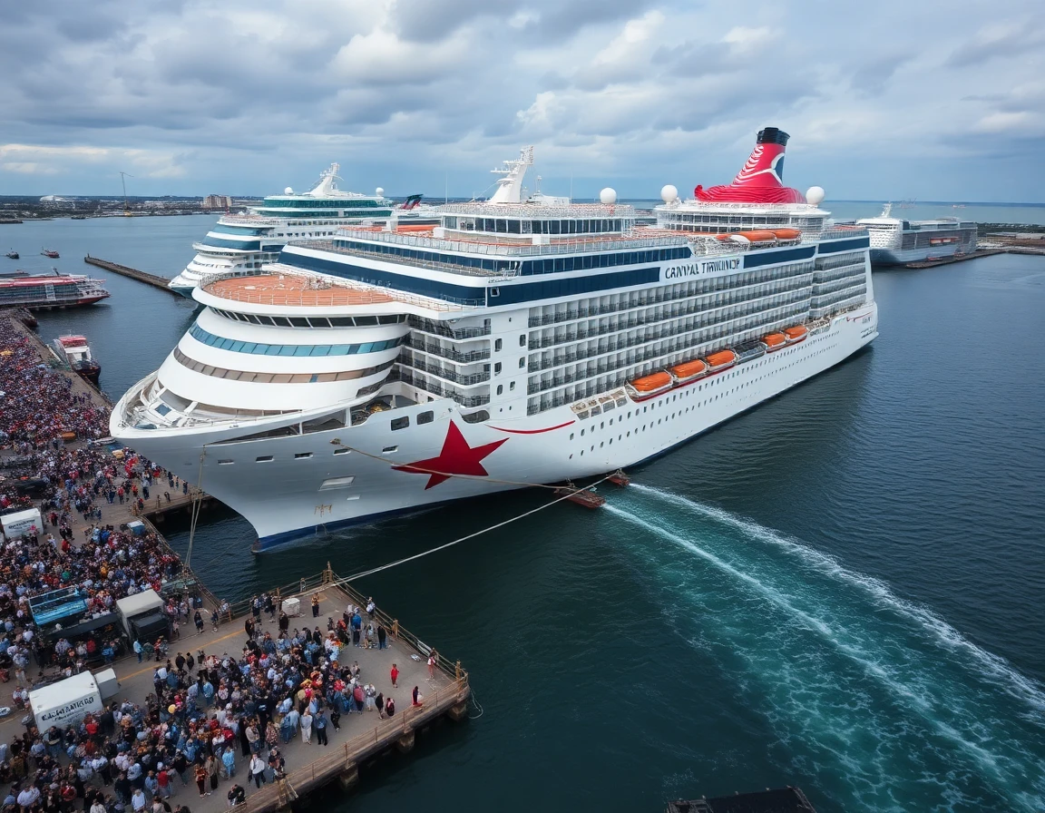 An aerial view of the Carnival Triumph being towed into port in Mobile, Alabama. Crowds of people are gathered on the docks, waiting to disembark.