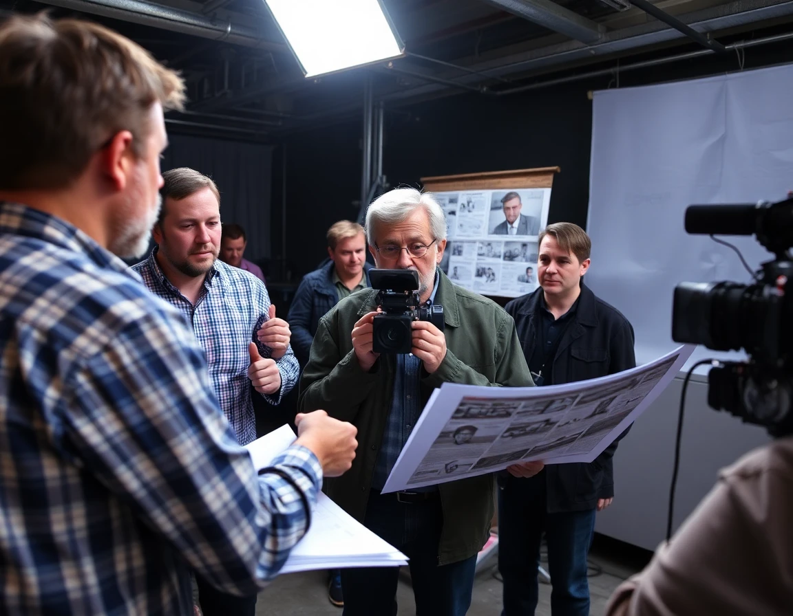 Director Richard H. Davis on set, reviewing storyboards with crew members. The photo showcases the director's hands-on involvement in the project and provides a behind-the-scenes look at the filmmaking process.