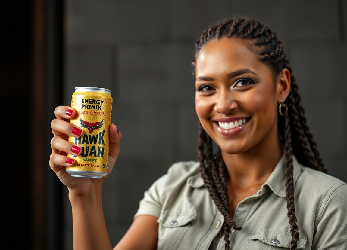 Haliey Welch, the inspiration behind the drink, posing with a can of Hawk Tuah Energy Drink, showcasing her signature style and enthusiastic expression.