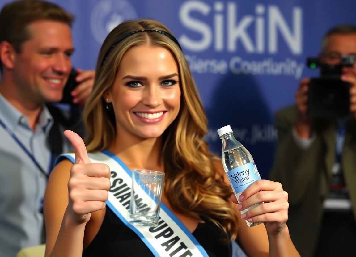 Jonna Kauppila, Miss Scandinavia 1999, holding a bottle of Skinny Water™ at a press conference in Beverly Hills. She's smiling and giving a thumbs-up.