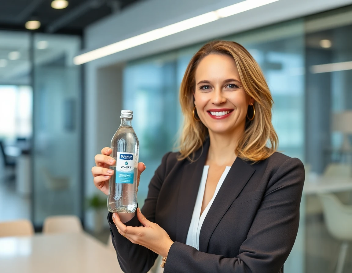 Marina Krueger, Ph.D., Chief Medical Officer of Swiss Strategy Aktiengesellschaft, holding a bottle of Swiss AlpWater and smiling confidently. The backdrop is a modern office setting, projecting professionalism and innovation.